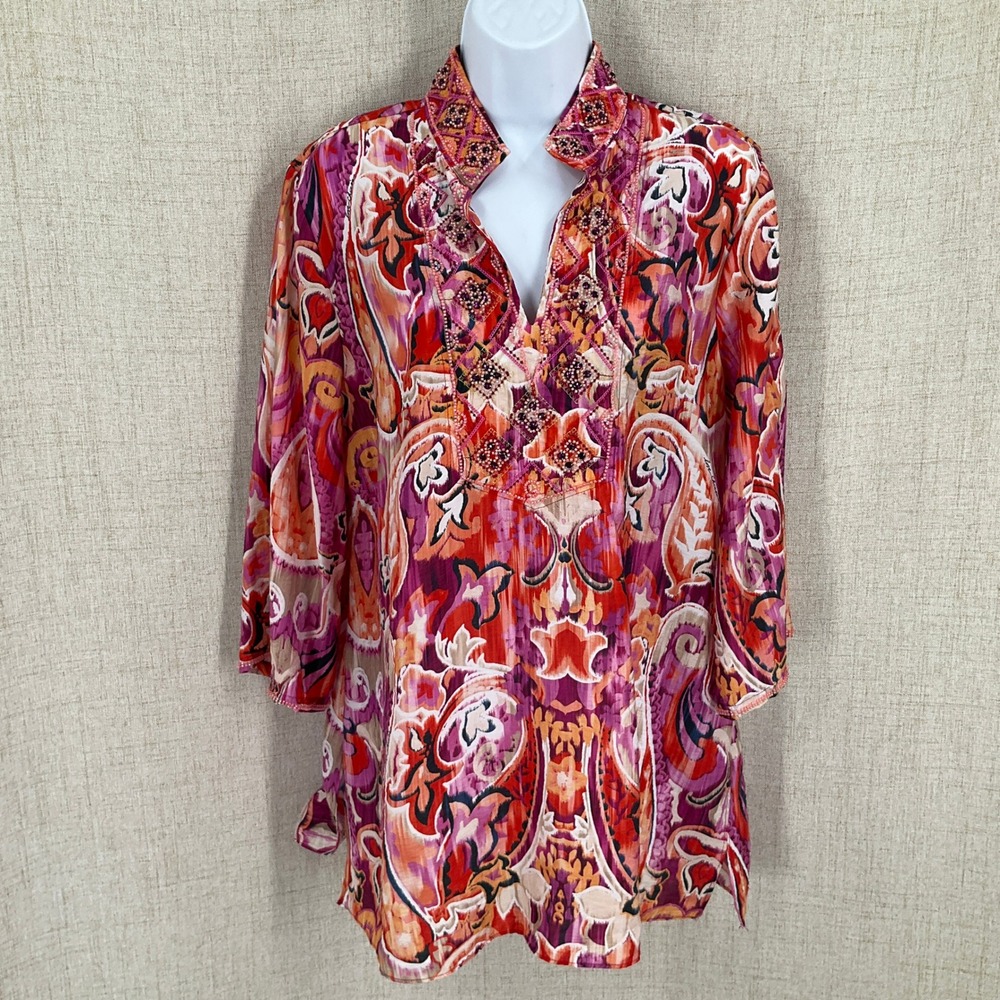 Chicos Top Womens 1.5 US 10 Pink Paisley Beaded Embellished Boho Airy Artisan